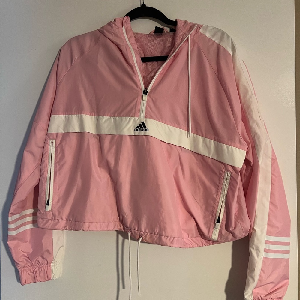 Adidas Women's Pink and White Bomber Jacket